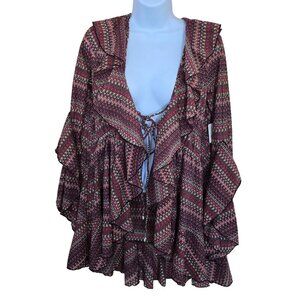 Free People Ruffled Zigzag Print Boho Cardigan Tie Closure colorful cottagecore